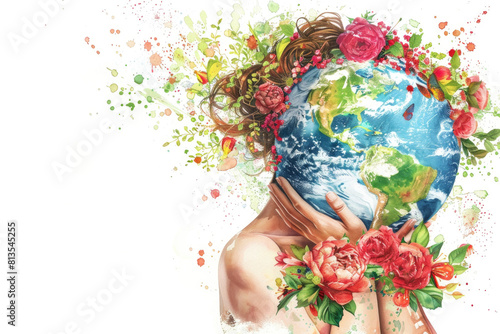 Fototapeta Naklejka Na Ścianę i Meble -  A woman holding a globe decorated with colorful flowers, symbolizing unity and global interconnectedness