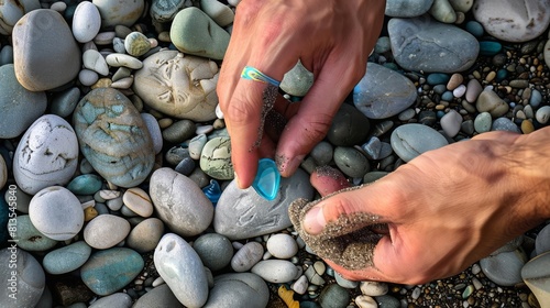 Beachcomber finding a rare blue sea glass piece among pebbles, aerial style photo