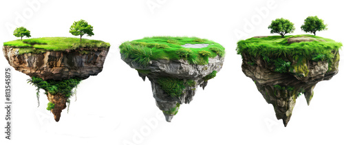 Set of Green Lawn Floating Island, Just Grass and Land Flying. PNG Cut-Out. Isolated on Transparent Background