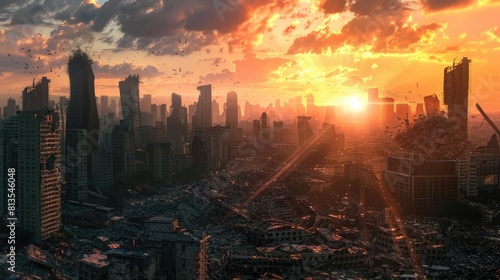 Vast post-apocalyptic city silhouette, skyline, sunset - Premium Pen Tool