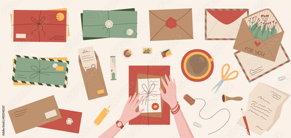 Handmade craft package with letter and postcard template, cartoon hands send handwritten mail vector illustration, flat character receive paper envelope with wax seal and note background design. Handmade craft package with letter and postcard template, cartoon hands send handwritten mail vector illustration, flat character receive paper envelope with wax seal and note background design.