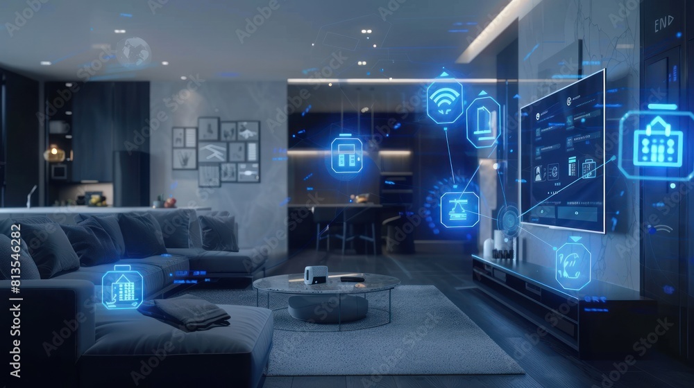 Minimalist smart home interior display featuring digital device icons. Cutting edge tech. Minimalist smart home interior display featuring digital device icons. Cutting edge tech.