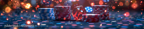 Casino chips on table. A vivid, close-up view of colorful casino chips stacked on a gaming table, illuminated by dazzling lights and bokeh generative ai raster illustration.