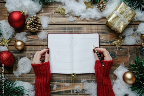 Person Holding Pen Over Open Notebook with Christmas Decorations and Tea on White Wooden Surface
