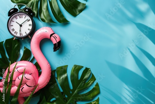 Pink Flamingo Inflatable with Alarm Clock and Sunglasses on Blue Water Background