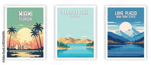 Miami, Bartlett Lake, Lake Placid Illustration Art. Travel Poster Wall Art. Minimalist Vector art photo