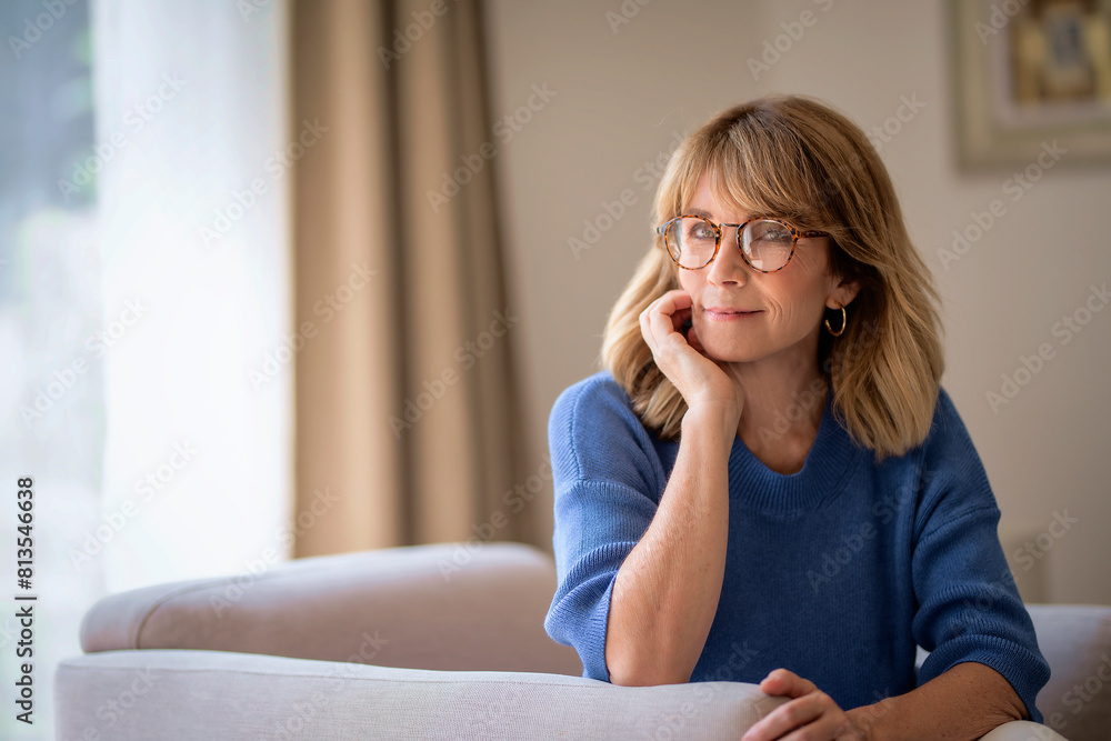 Portrait of blond haired attractive woman sitting in an armchair at home Portrait of blond haired attractive woman sitting in an armchair at home