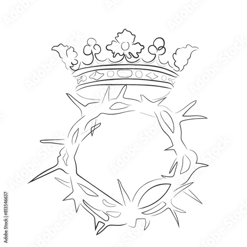 Hand drawn line art vector of a crown placed on thorns. Hardships and responsibilities that come with authority concept.