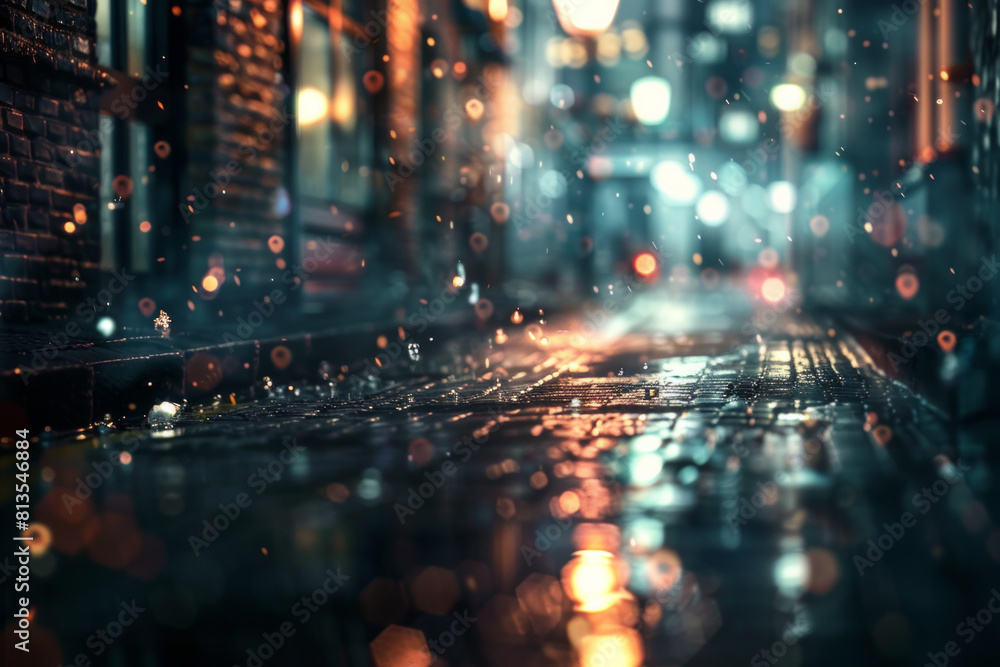 Fototapeta premium Urban street background for poster, cinematic lighting, night scene, bokeh 