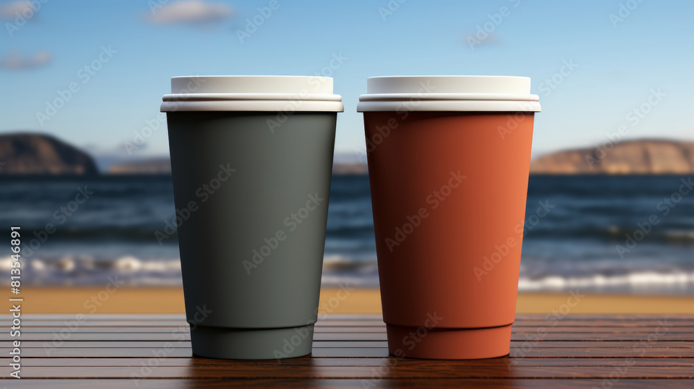 Two paper coffee cups on wooden table with seascape background. Two paper coffee cups on wooden table with seascape background.