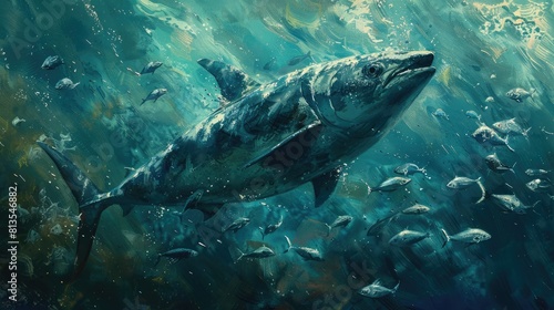Underwater perspective concept of swordfish hunting in schools of sardines.
