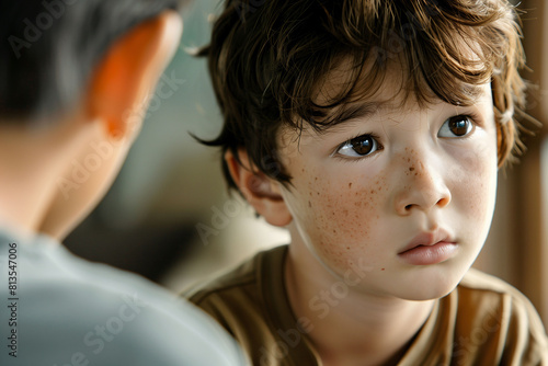 Sad boy being scolded by a parent, depicting childhood discipline and psychological stress
