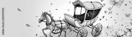 Celebrating Love romantic carriage ride flat design top view oldfashioned charm theme cartoon drawing black and white photo