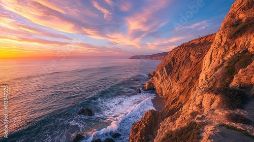 Cliffside view at sunset with waves crashing below, vivid style
