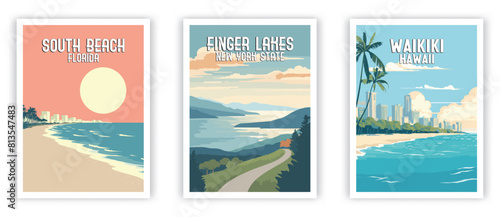 South Beach, Finger Lakes, Waikiki Illustration Art. Travel Poster Wall Art. Minimalist Vector art