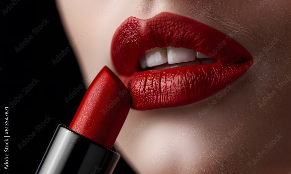 Obraz premium closeup of red lipstick with woman's lips for beauty and cosmetics concept , Generative AI