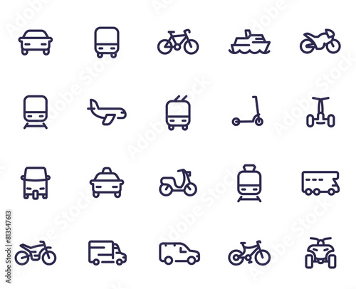 Transport line icons set, cars, train, airplane, van, bike, motorbike, bus, taxi, tuk tuk, quad bike, subway