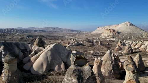 Aerial drone view of the natural beauty of the Fairy Chimneys in Cappadocia, Turkey. Famous destination for hikers to explore the Rock Sites.
