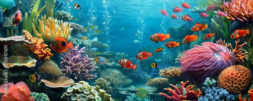 Colorful coral garden teeming with tropical fish  vivid style