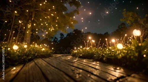 A dreamy setting of ling lights and sparkling fairy dust in a mystical garden under a velvet night sky photo