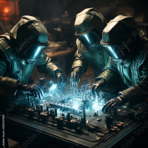 Futuristic Technicians Working on Illuminated Circuit Board © DigitalMuse