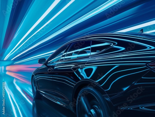 Luxury car speeding through a tunnel with vibrant light streaks suggesting motion and speed.