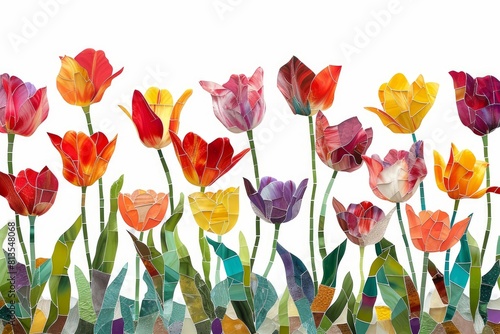 Colorful tulip mosaic garden photo on white isolated background