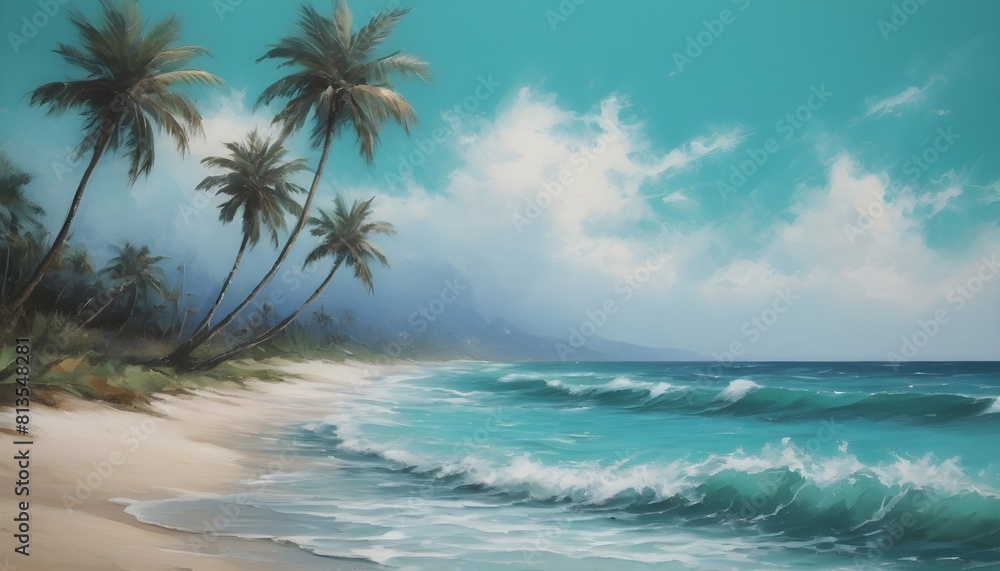 A beach scene with palm trees swaying in the breez upscaled 2