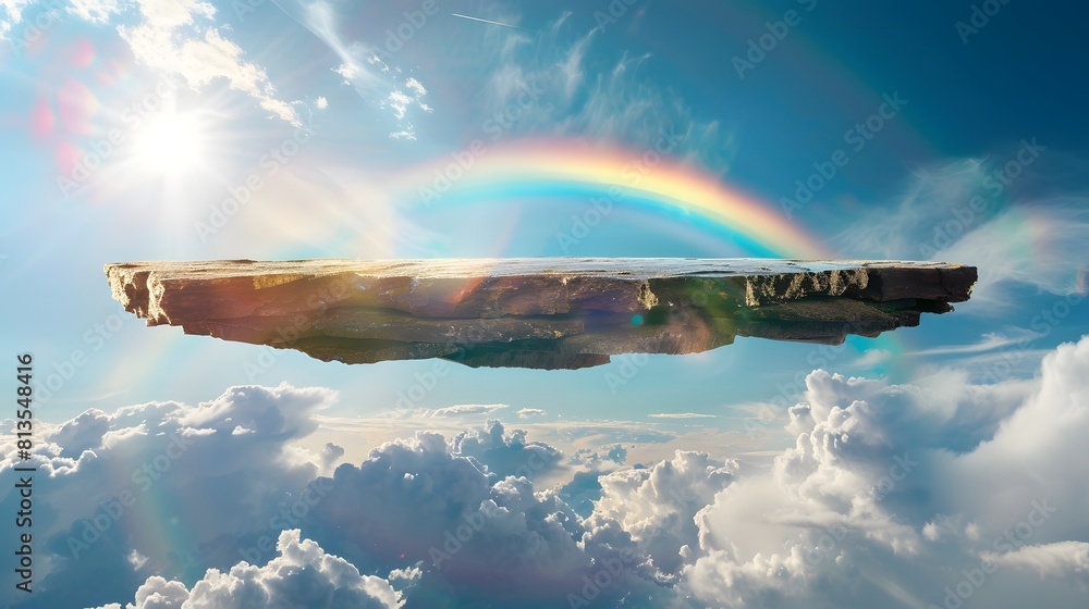 a floating rock platform in the sky with a rainbow and clouds in background a floating rock platform in the sky with a rainbow and clouds in background