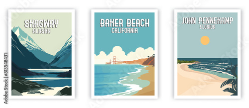 Skagway, Baker Beach, John Pennekamp Illustration Art. Travel Poster Wall Art. Minimalist Vector art photo