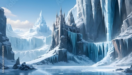 A frozen citadel surrounded by towering ice cliffs upscaled 2 photo