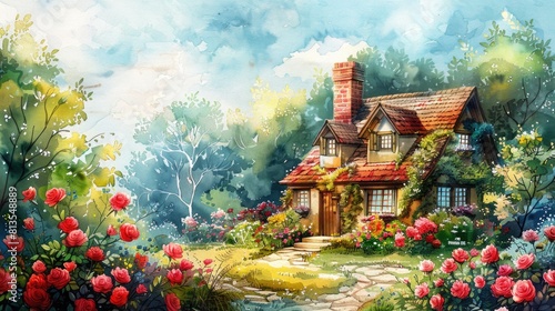 Wallpaper Mural Charming village with blooming flowers and lush trees Torontodigital.ca