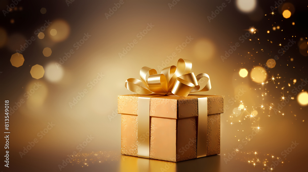 Golden gift box with ribbon, glitter and bokeh background Golden gift box with ribbon, glitter and bokeh background