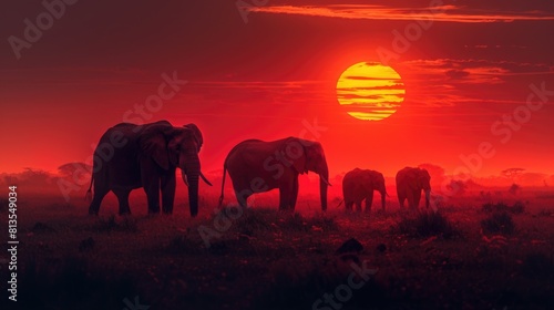 Group of elephants walking in field at sunset