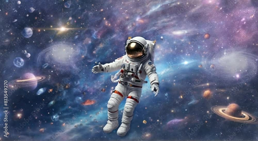 Amidst the infinite expanse of space, an astronaut floats serenely, surrounded by the awe-inspiring spectacle of stars, planets, and nebulae. 4k video animation Amidst the infinite expanse of space, an astronaut floats serenely, surrounded by the awe-inspiring spectacle of stars, planets, and nebulae. 4k video animation