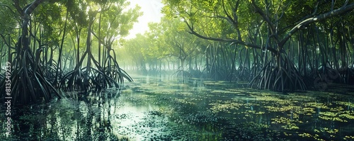 Exploration of a dense mangrove forest at high tide, vivid style photo