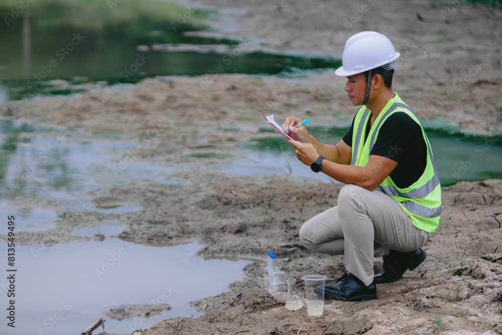 Environment Issue concept. Team of Scientists in protective suits and masks took a sample of water for analysis. Environment Issue concept Environment Issue concept. Team of Scientists in protective suits and masks took a sample of water for analysis. Environment Issue concept