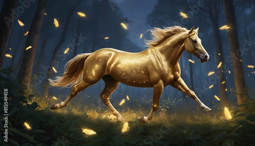 Illustrate a golden horse racing through a forest upscaled 3