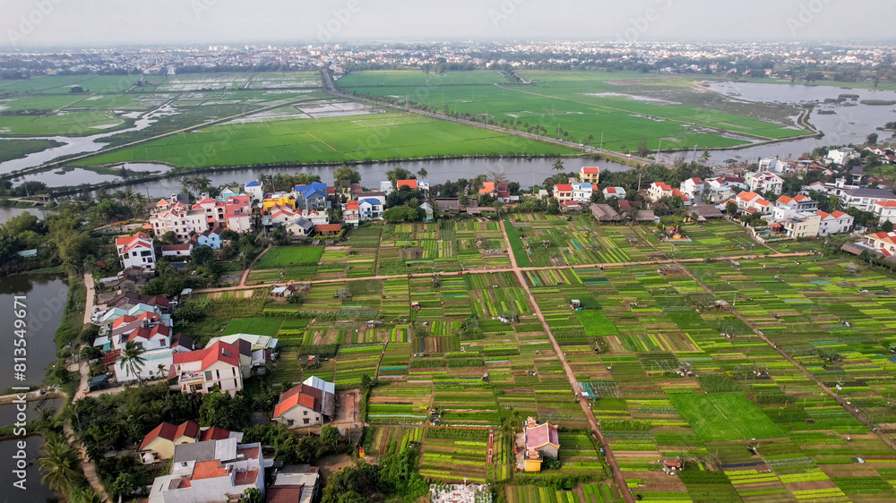 Aerial view of a vibrant patchwork of cultivated fields; ideal concept for agriculture, harvest season, and Earth Day; evocative of agrarian lifestyles Aerial view of a vibrant patchwork of cultivated fields; ideal concept for agriculture, harvest season, and Earth Day; evocative of agrarian lifestyles