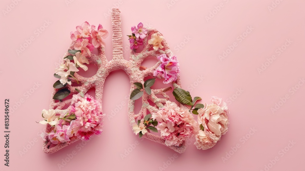 Flowers on a colored background in the shape of human lungs. Allergies, asthma. The harm of smoking to humans. Flowers on a colored background in the shape of human lungs. Allergies, asthma. The harm of smoking to humans.
