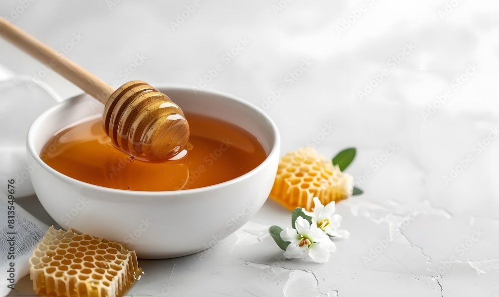 Fototapeta premium fresh honey in white bowl with honeycomb and wooden dipper, Generative AI