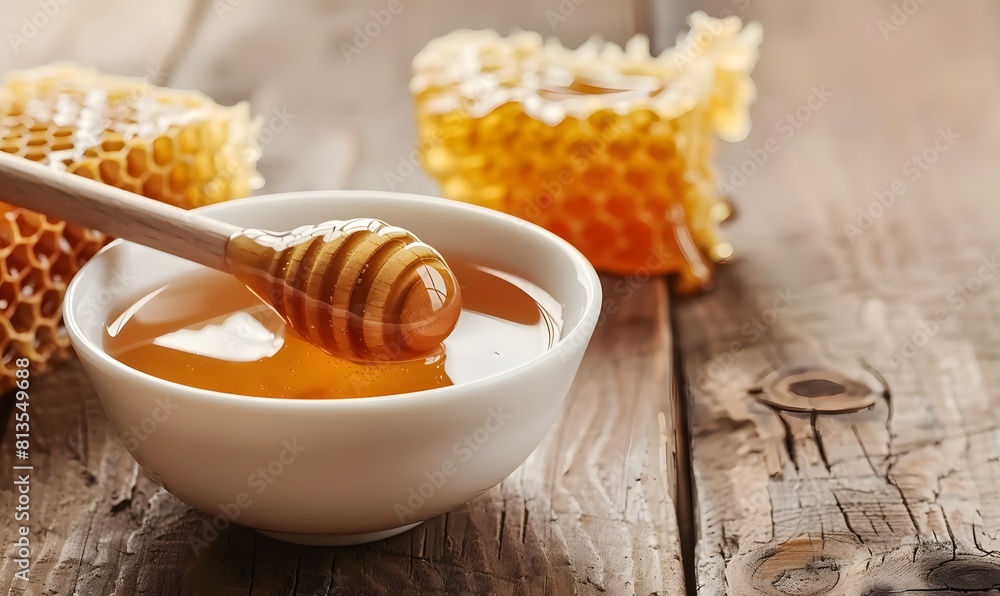 fresh honey in white bowl with honeycomb and wooden dipper, Generative AI fresh honey in white bowl with honeycomb and wooden dipper, Generative AI
