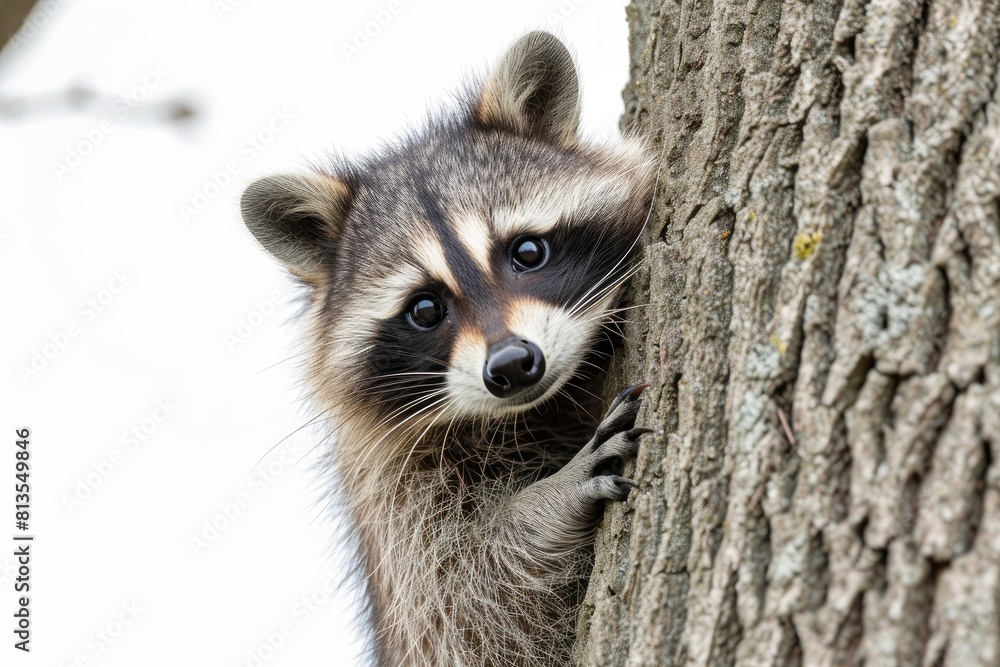 Curious raccoon in a tree photo on white isolated background