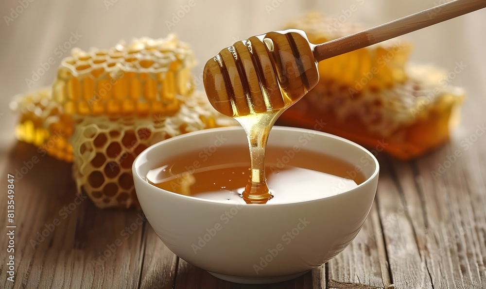 fresh honey in white bowl with honeycomb and wooden dipper, Generative AI fresh honey in white bowl with honeycomb and wooden dipper, Generative AI