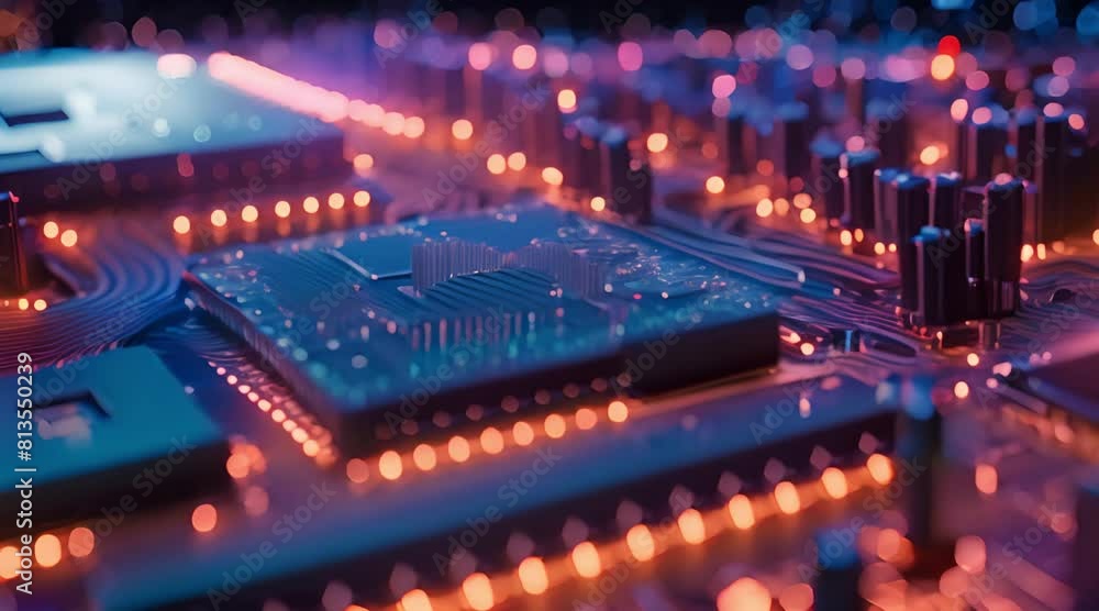 Computer Circuit Board Illuminated by Red and Blue Lights Computer Circuit Board Illuminated by Red and Blue Lights