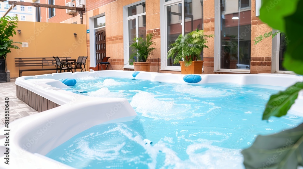 A fiberglass or plastic pool with Jacuzzi elements in the backyard of a hotel or cottage.