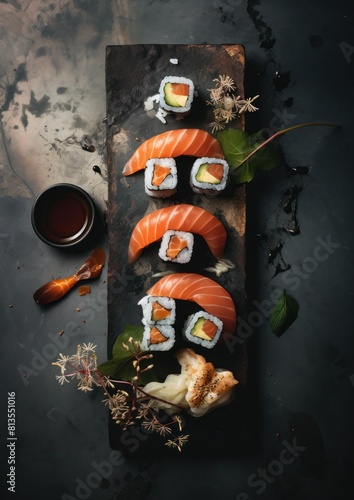 Top view of fresh sushi assortment on a tray, AI-generated. photo