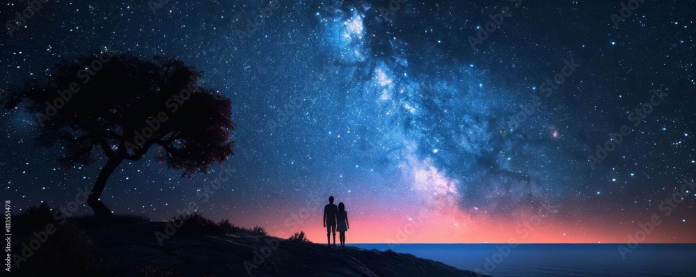 Love in Nature starlit sky flat design front view cosmic connection theme 3D render Triadic Color Scheme