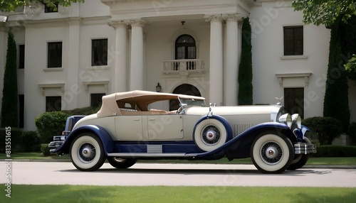 A 1920s duesenberg parked in front of a grand mans