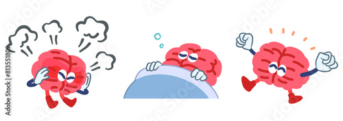 脳のキャラクターで脳疲労、脳回復を表したベクターイラストセット